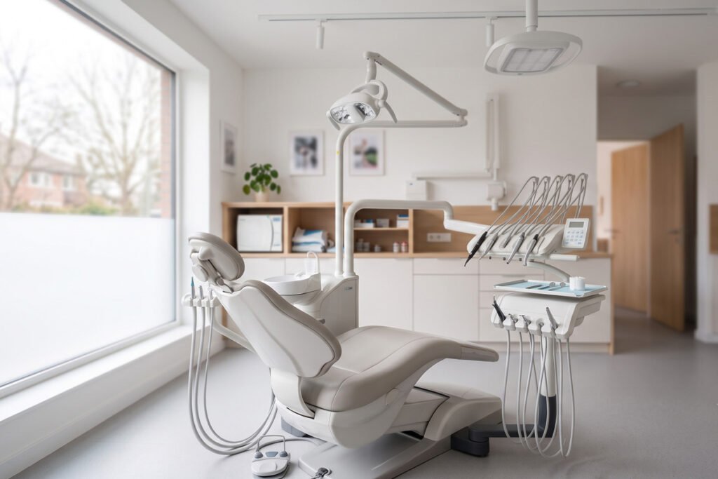 Gabinete de clínica dental con sillón y equipo de instrumental rotativo