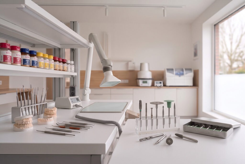 Banco de trabajo de laboratorio dental con fresas y pulidores para prótesis