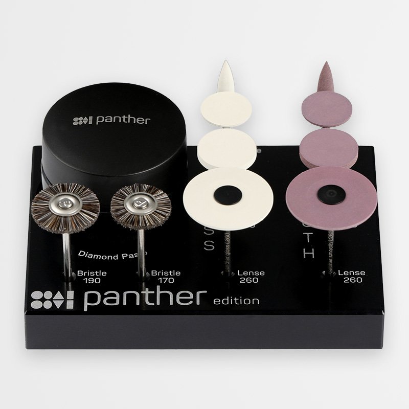 Expositor Panther Edition con pulidores, cepillos y pasta de diamante para circonio, disilicato y cerámica